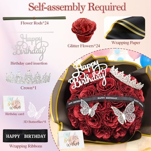 MEIVINES Glitter Roses Bouquet,Birthday Gifts for Women Mom,DIY Fake Flowers Bouquet with Birthday Stand-Up Signs,24 Red R...