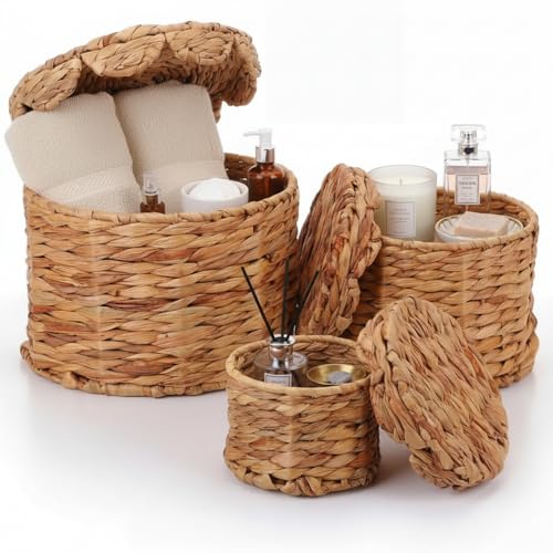 Newtay Set of 3 Scalloped Wicker Storage Baskets with Lid Round Rattan Woven Basket 11'' 8.7'' 6.3'' Natural Water Hyacint...