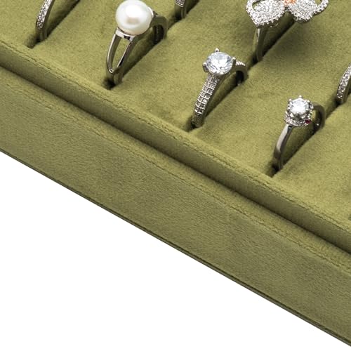 COWFEX Velvet Ring Organizer Display Tray Jewelry Box Earring Holder Case for Wedding Birthday Christmas Day (Olive Green)