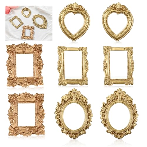 HJZHII 8 Pcs Vintage Resin Picture Frames, Gold Antique Photo Frame Mini Picture Frames Small Antique Ornament TableTop Sm...