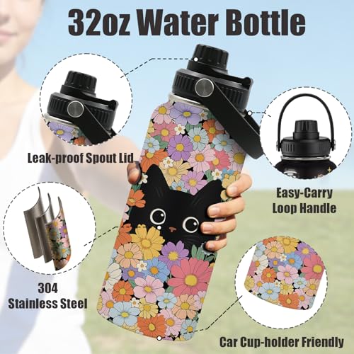 CGMIBAS Cat Water Bottle 32oz - Insulated Stainless Steel for Pets - Leak Proof Straw Lid, BPA-Free - Ideal Cat Gifts for ...
