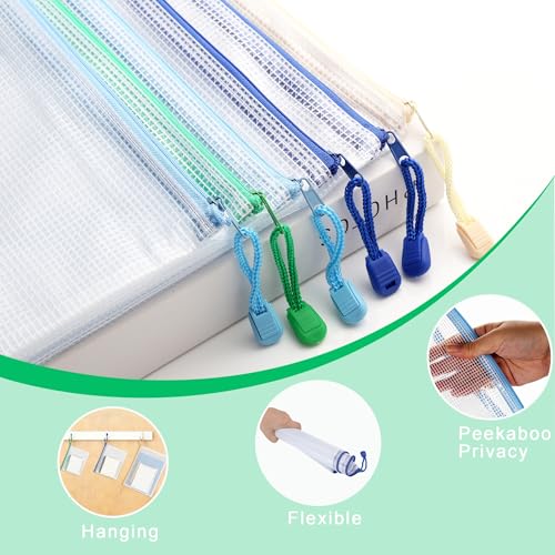 ROYPACK 12-Pack Mesh Zipper Pouch Set with 1 Organizer Bag, 3 Sizes (A4, A5, B6) Clear Waterproof File Bags for Travel Org...