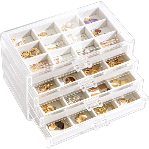 Lolalet Earring Holder Organizer Box Jewelry Storage with 4 Drawers, Clear Acrylic Stackable Earring Case with Adjustable ...