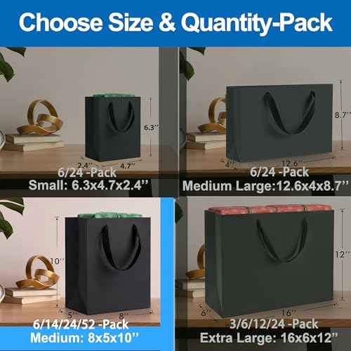 Argivean Black Gift Bags With Handles: 6pcs Medium Gift Bags Bulk 8x5x10 Inch For Wedding Party Birthday Business (M,6)