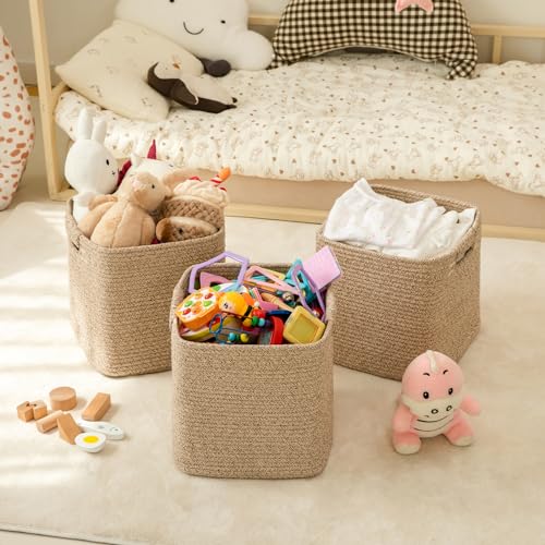 OIAHOMY Storage Cubes 11 Inch Storage Bins-3-Pack, Cotton Rope Woven Baskets for Organizing, Square Storage Baskets for Sh...