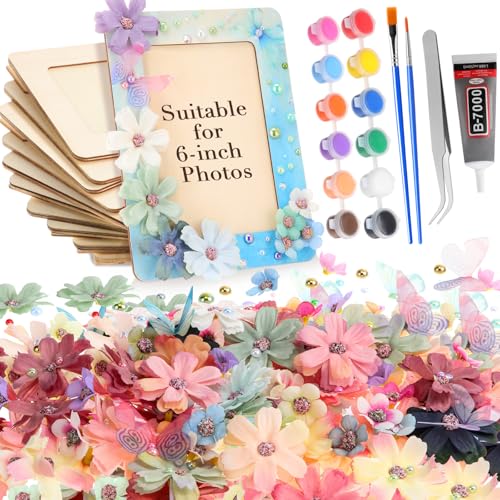 Teenyyou 12 Pack DIY Flower Picture Frame Painting Craft Kit 7.5 x 5.5 Summer Pearl 3D Butterfly Unfinished Wooden Photo F...