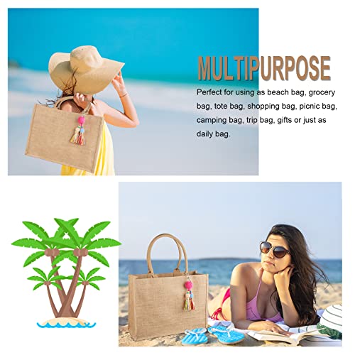 FITDON Jute Canvas Tote Bag Women - Large Jute Beach Bag, Foldable Waterproof Shopping Handbag for Picnic Travel Beach