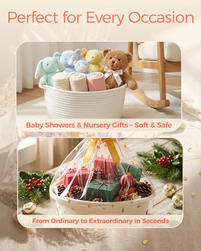SUNCOLOR Small Woven Gift Basket Set with Cut Paper Shred Filler, Pull Bow & Cellophane Bag, 12x8x5 Inch Durable Cotton Ro...