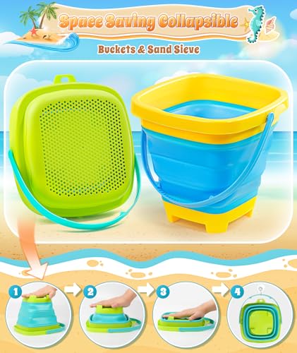 DUDUCOFU Collapsible Beach Sand Toys for Kids Toddlers, Collapsible Sand Bucket with Sifter Shovels Set with Mesh Bag and ...