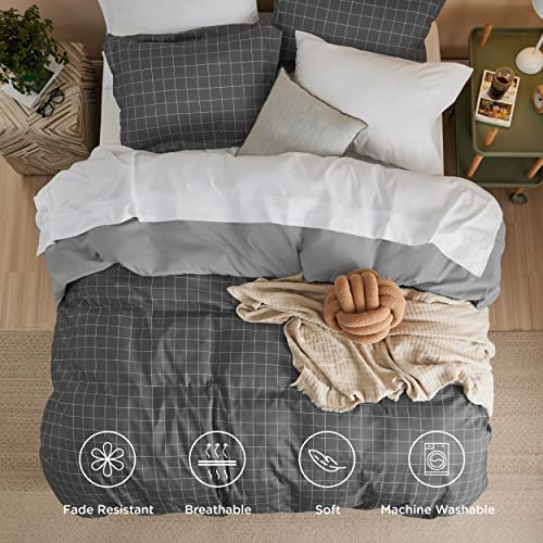Bedsure Duvet Cover King Size - Reversible Plaid Duvet Cover Set with Zipper Closure, 3 Pieces Dark Grey Bedding Set with ...
