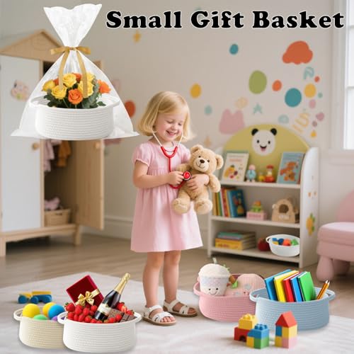 HZFTJOY Small Woven Rope Basket-Empty Gifts Basket with Bag and Ribbons,Cute Handle Organizer Box for Birthday/Baby Showe...