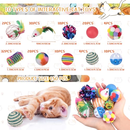Shappy 150 Pcs Cat Toys for Indoor Cats Bulk, Kitten Toys Pack, Variety Interactive Gift Including Mice Rainbow Balls Spri...