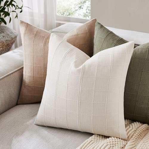 ZeeMart Linen Checked Throw Pillow Covers Set of 2, 18x18 Inch Ivory/Cream, Farmhouse Decorative Single Sided Grid Embroid...