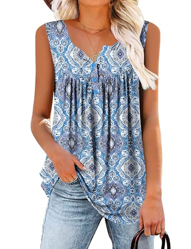 BETTE BOUTIK Womens Sleeveless Tunics Henley Shirts V-Neck Button Down Blouse Tank Tops Casual Pleated Basic S-3XL