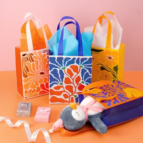10" Floral Reusable Gift Bags Medium Size with Tissue Paper, 6 Pack Non-Woven Wrap Paper Gift Bags with Handles for Birthd...