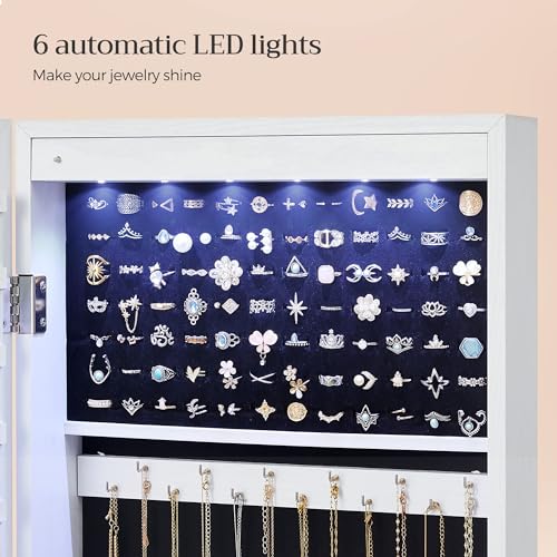 SONGMICS 6 LEDs Mirror Jewelry Cabinet, 47.2-Inch Tall Lockable Wall or Door Mounted Jewelry Armoire Organizer with Mirro...
