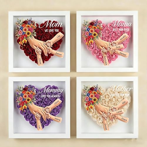 Personalized Mommy Holding Hands Shadow Box with Ring & Manicure – Custom Kids Names Floral Heart Frame, Premium (Holding ...