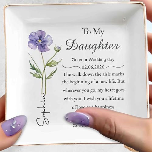huglift To My Daughter on Your Wedding Day Personalized Ceramic Jewelry Tray, Daughter Floral Jewelry Dish from Mom, Custo...