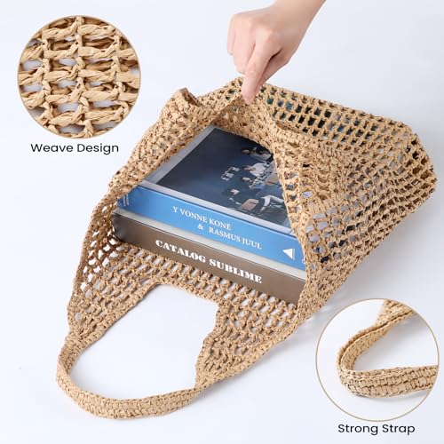 Pleneal Beach Bags for Women - Women Beach Tote Bag, Summer Mesh Hollow Straw Tote Bag for Holiday Market