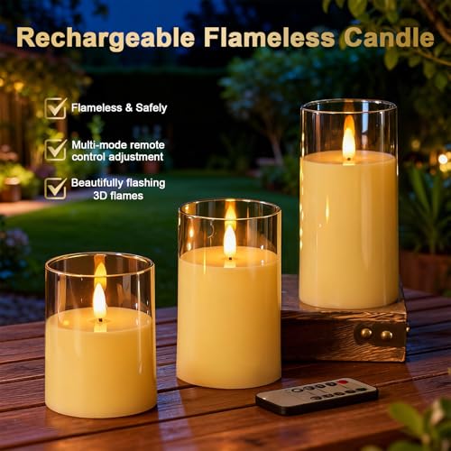 Eynshoo Gold Flameless LED Candles with Remote & Timer, 3-Piece Flickering Pillar Candle Set, Realistic Flame Effect, Adju...
