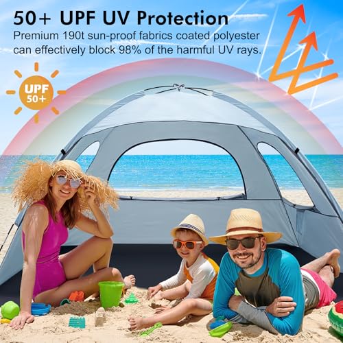 WhiteFang Beach Tent Anti-UV Portable Sun Shade Shelter for 3/4/6/8 Person, Extendable Floor with 3 Ventilating Mesh Windo...