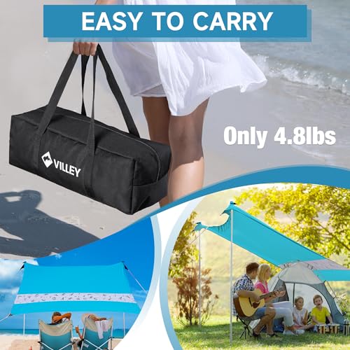 VILLEY Beach Tent Sun Shelter with UPF50+ Protection for 5 Person, 8x7FT Portable Sun Shade with 2 Stability Poles and 4 S...