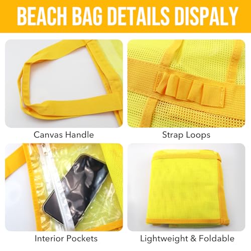 ASBEFORE Large Mesh Beach Tote Bag, 9-Pocket Foldable Summer Vacation Beach Bag for Travel, Pool, Gym, Cruise