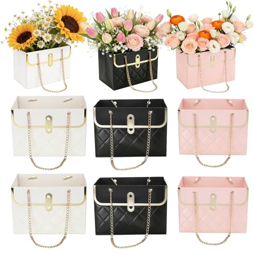 6 PCS Flower Paper Gift Box, Bouquet Storage Bucket Florist Handbag with Metal Chain Flower Bouquet Box Gift Wrap Bags Flo...