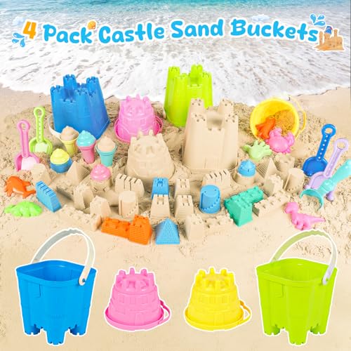 REZUCREY Beach Toys for Kids Toddlers, Sand Castle Toys with 4 Sand Bucket and Shovels, Mesh Bag & Molds, Ice Cream Travel...