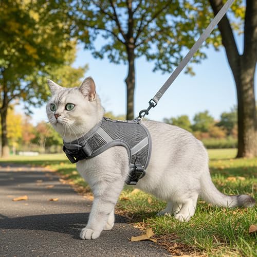 pangdi Cat Harness and Leash Escape Proof Kitten Harness Cat Leash for Walking Travel Service Cat Vest, Grey, X-Large