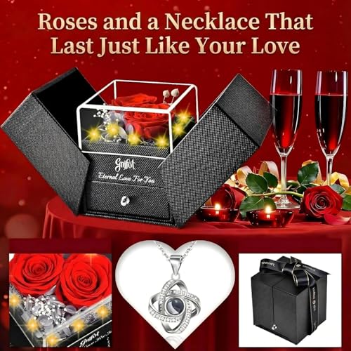 Gnifot Preserved Red Real Rose with I Love You in 100 Languages Necklace,Eternal Flowers Gifts for Women Wife Girlfriend M...