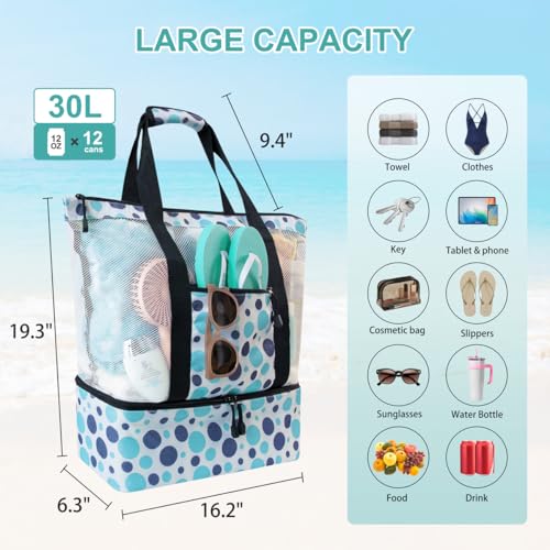 ASL Mesh Beach Bag with Cooler Compartment for Women, 2-in-1 Print Travel Tote 30L with Zipper and Pockets, Pool Picnic