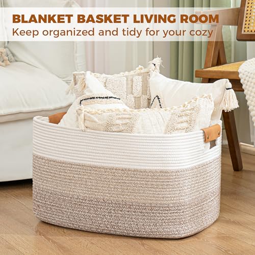 danpinera Blanket Basket, 72L Woven Storage basket with Leather Handle, Eco-friendly Decorative Storage Organization in Ba...