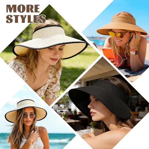Zhamate 3 Pack Foldable Sun Visor Hats for Women Wide Brim Pontytail Straw Beach Hat for Summer