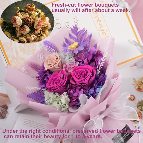 lovenfold Preserved Flowers for Delivery, Purple Rose Bouquets That Last 1-3 Years, Birthday Flowers Gifts for Women Mom G...
