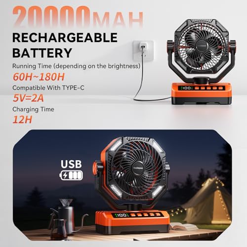 Camping LED Fan with Light, 40000Max Rechargeable Battery Powered Outdoor Tent Fan with Light and Hook, 4 Speed, Personal ...