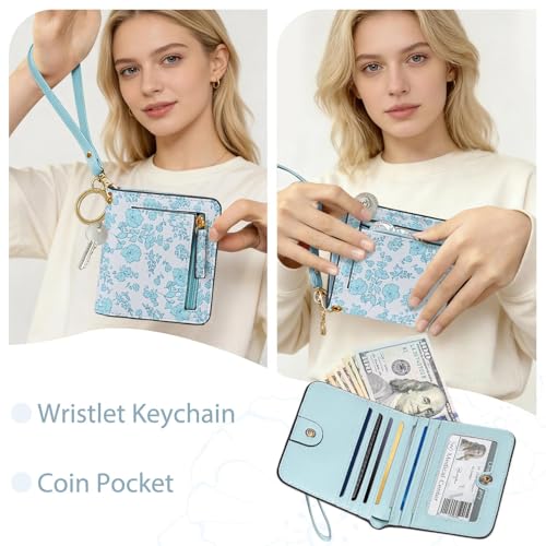 COSHAYSOO Personalized RFID Slim Bifold Wallet for Women Teen Girls with Wristlet Keychain, Blue Small Wallets Woman Cute ...