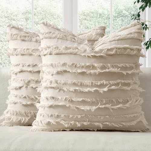 MIULEE Decorative Boho Throw Pillow Covers Set of 2 Spring Neutral Beige Linen Striped Jacquard Pattern Modern Cushion Cov...