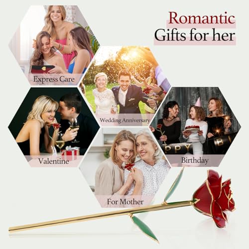 Easegain Gold Dipped Rose 24k Red Gold Plated Rose - Everlasting Long Stem Real Rose Exquisite Holder, Romantic Gift for V...