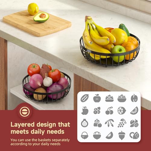 Sevenblue 2 Tier Large Fruit Basket for Kitchen Counter with 2 Banana Hangers, Metal Stackable Fruit Bowl for Kitchen Coun...