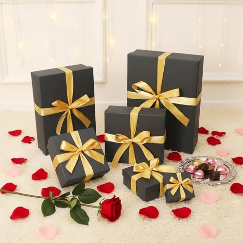 Black Gift Box Set (6 Sizes), Gift Boxes with Lids for Presents, Pre-Wrapped Boxes for Gifts, Sturdy Gift Wrap Box for Val...
