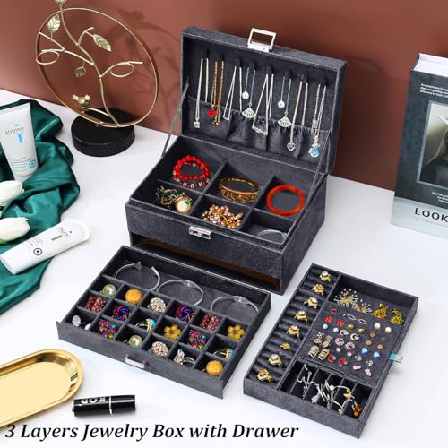 QBestry 3-Layer Jewelry Box for Women with Lock and Key & Drawer, Large Jewelry Organizer with 8 Necklace Hooks & 56 Earri...