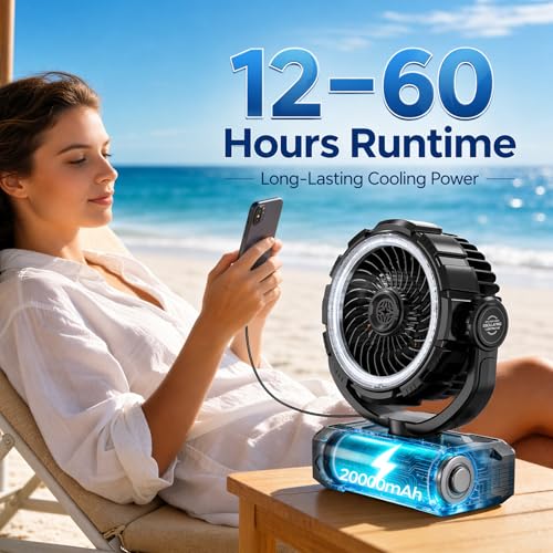 Rechargeable Camping Fan with Oscillating,【Max 60Hrs】Portable Battery Powered Operated Fan,20000mAh Outdoor Turbo Tent Fan...