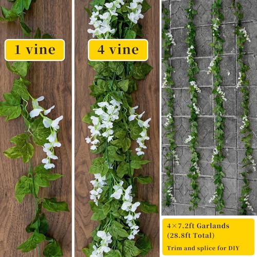 Mavee 28.8ft Artificial Wisteria Vine Garland (4x7.2ft), Silk Hanging Flowers Decor for Wedding Arch, Home Floral Arrangem...