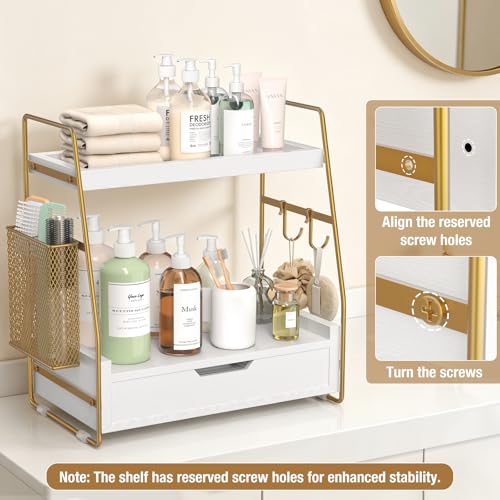 ROPALINS 2-Tier Bathroom Counter Organizer with Drawer & Removable Basket, Wood & Metal Vanity Organizer for Skincare, Mak...