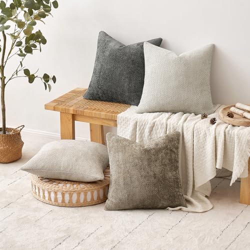 MIULEE Pack of 4 Couch Throw Pillow Covers 18x18 Inch Neutral Soft Decorative Chenille Pillow Covers Farmhouse Boho Cushio...