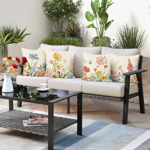 Bonhause Spring Floral Pillow Covers 18x18 Inch Set of 4, Wildflower Plant Decorative Cushion Covers, Polyester Linen Seas...