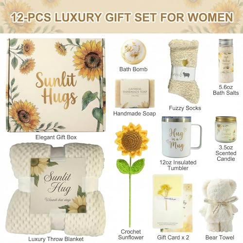 TQZDBXK Get Well Soon Gift Baskets for Women, 12 PCS Sunflower Hug in a Box Care Package, Thinking of You Birthday Sympath...