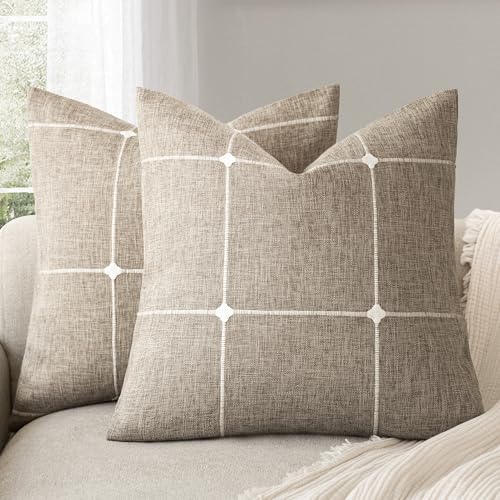 Foindtower Pack of 2 Decorative Faux Linen Jacquard Check Throw Pillow Covers Farmhouse Cushion Cover with Grid Textured A...
