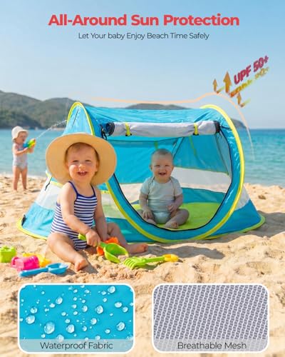 Poray Portable Baby Beach Tent with UPF 50+ Sun Shelter,Mosquito Net and Sunshade, Ideal Pop Up Kids Travel Tent with Carr...
